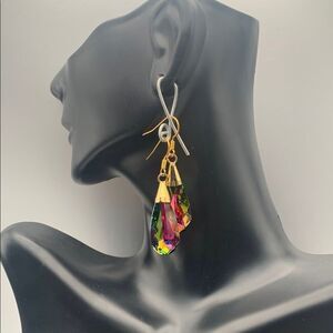 Vintage Iridescent Pink and Green Teardrop Crystal Earrings, in Gold, Unmarked